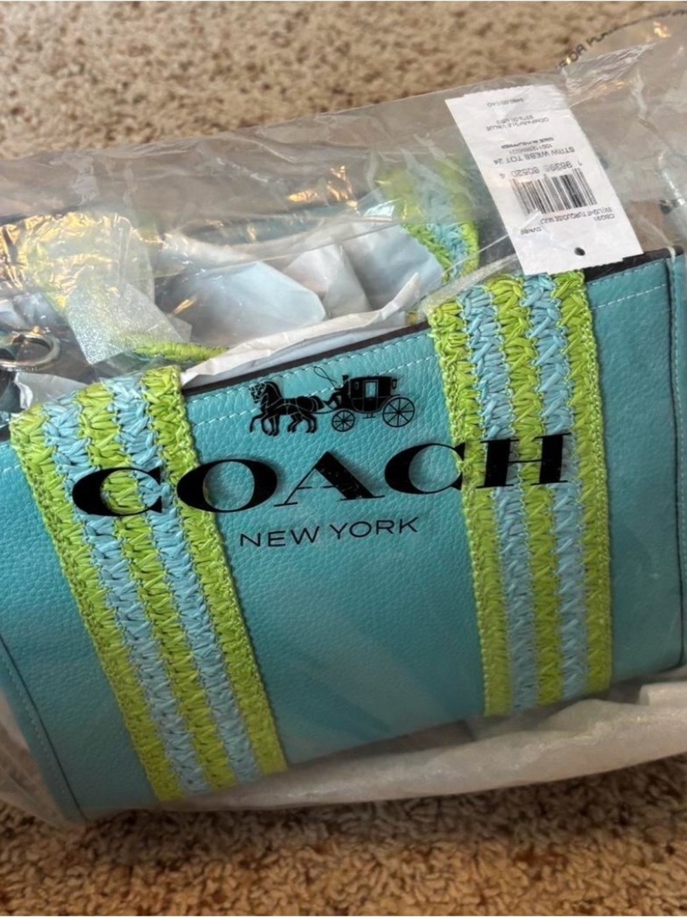 Coach Aqua Tote with Lime and Light Blue Straps
